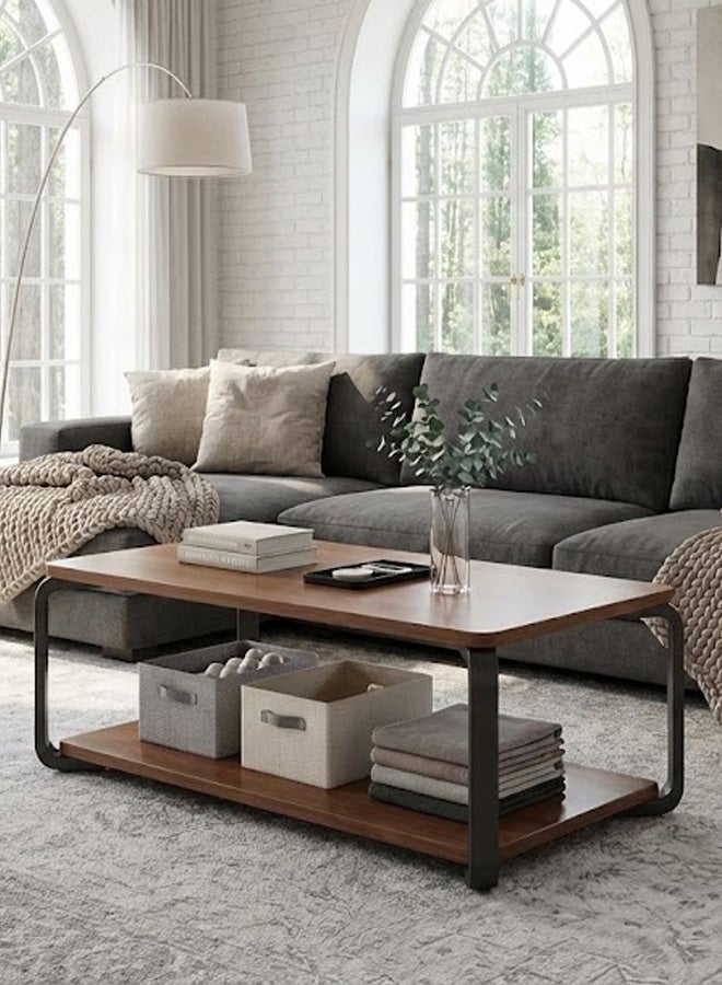 تايمي طاولة قهوة خشبية بتصميم عصري مع مساحة تخزين مزدوجة الطبقات وأرجل معدنية طاولة لغرفة المعيشة والمكتب 100x50x43سم - Image 2