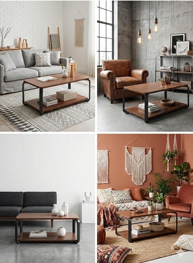 تايمي طاولة قهوة خشبية بتصميم عصري مع مساحة تخزين مزدوجة الطبقات وأرجل معدنية طاولة لغرفة المعيشة والمكتب 100x50x43سم - Image 4