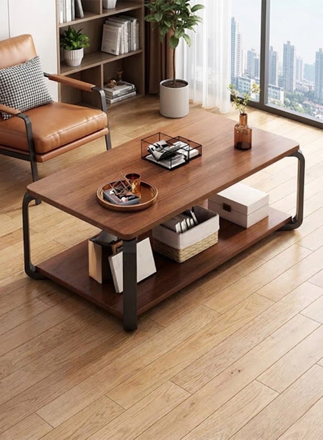 تايمي طاولة قهوة خشبية بتصميم عصري مع مساحة تخزين مزدوجة الطبقات وأرجل معدنية طاولة لغرفة المعيشة والمكتب 100x50x43سم - Image 3