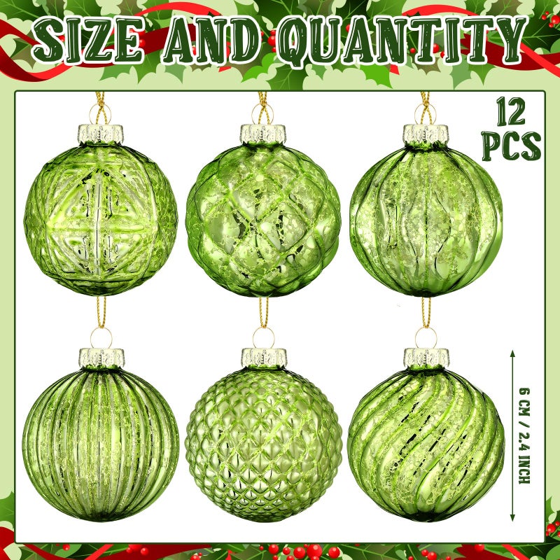 Jenaai 12 Pcs 2.36 Inch Christmas Ball Ornaments Glass Christmas Tree Decorations Hanging Xmas Decorations for Trees Party Wedding Holiday  6 Style(Light Green) - Image 2