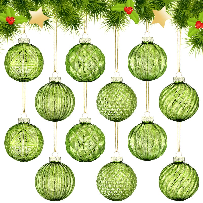 Jenaai 12 Pcs 2.36 Inch Christmas Ball Ornaments Glass Christmas Tree Decorations Hanging Xmas Decorations for Trees Party Wedding Holiday  6 Style(Light Green) - Image 1