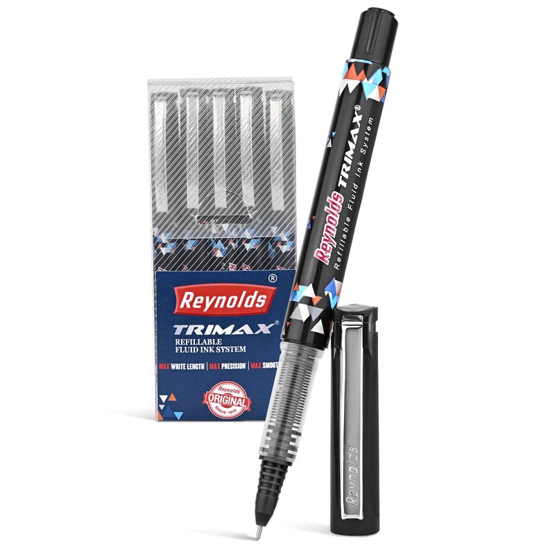 Reynolds TRIMAX BLACK - 5 COUNTI Lightweight Roller Pen With Comfortable Grip for Extra Smooth Writing I School and Office Stationery | 0.5mm Tip Size - Image 5
