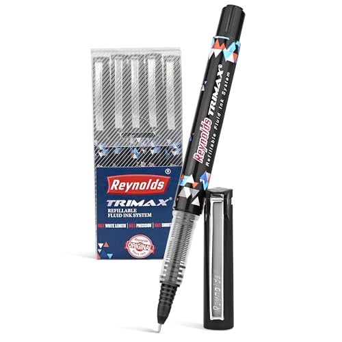 Reynolds TRIMAX BLACK - 5 COUNTI Lightweight Roller Pen With Comfortable Grip for Extra Smooth Writing I School and Office Stationery | 0.5mm Tip Size - Image 1
