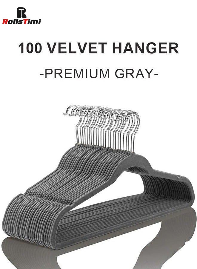 RollsTimi  Velvet Hangers 100 Pack, Non Slip Stackable Clothes Hangers, 360° Swivel Hooks, Heavy Duty for Suit Coat Shirt Pant,Grey  - Image 1