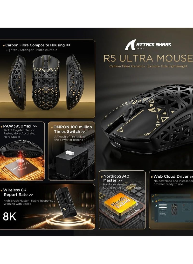 Attack Shark R5Ultra 8K Carbon Fiber Wireless Gaming Mouse with 42,000 DPI -PAW3950 MAX Sensor -39g Ultra-Lightweight -Nordic52840 -Wired/BT/2.4GHz Wirelss Programmable Mouse for PC/Mac - Image 2
