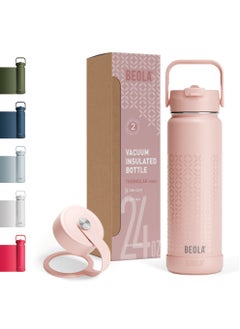 BEOLA 750ml Water Bottle 18/8 Stainless Steel 304 Double Wall Insulated Thermos Bottle with Straw Lid and wide mouth, 2 lids included, Hot Cold Liquids Sports Bottle, 24oz (Blush Pink)  - Image 1