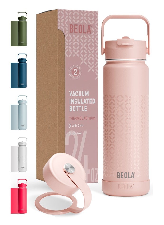 BEOLA 750ml Water Bottle 18/8 Stainless Steel 304 Double Wall Insulated Thermos Bottle with Straw Lid and wide mouth, 2 lids included, Hot Cold Liquids Sports Bottle, 24oz (Blush Pink)  - Image 1