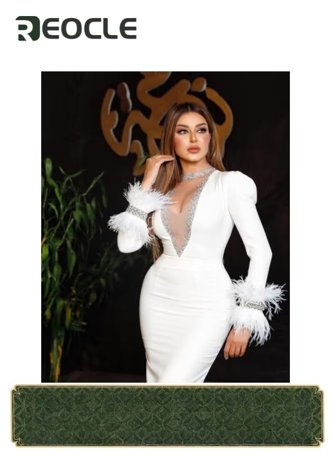 REOCLE Women's V Neck Dress Bodycon Sequin Gown Evening Dress Long Sleeve Bodycon High Slit Maxi Dress Birthday Clubwear - Image 1