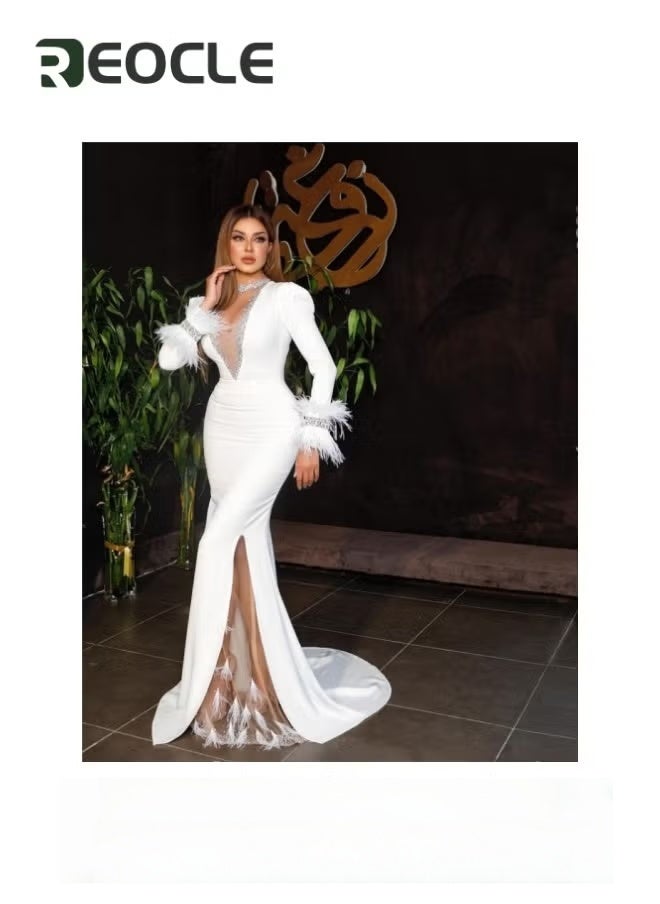 REOCLE Women's V Neck Dress Bodycon Sequin Gown Evening Dress Long Sleeve Bodycon High Slit Maxi Dress Birthday Clubwear - Image 2