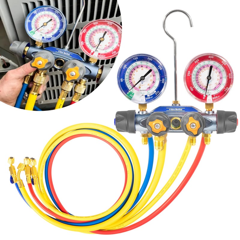 Sunluway 49968 Charging Manifold 4 Valve Test AC Manifold Gauge Tool Set with 60 Ball Valve Hoses Compatible with R22 R404a R410a Refrigerant RedBlue Gauges