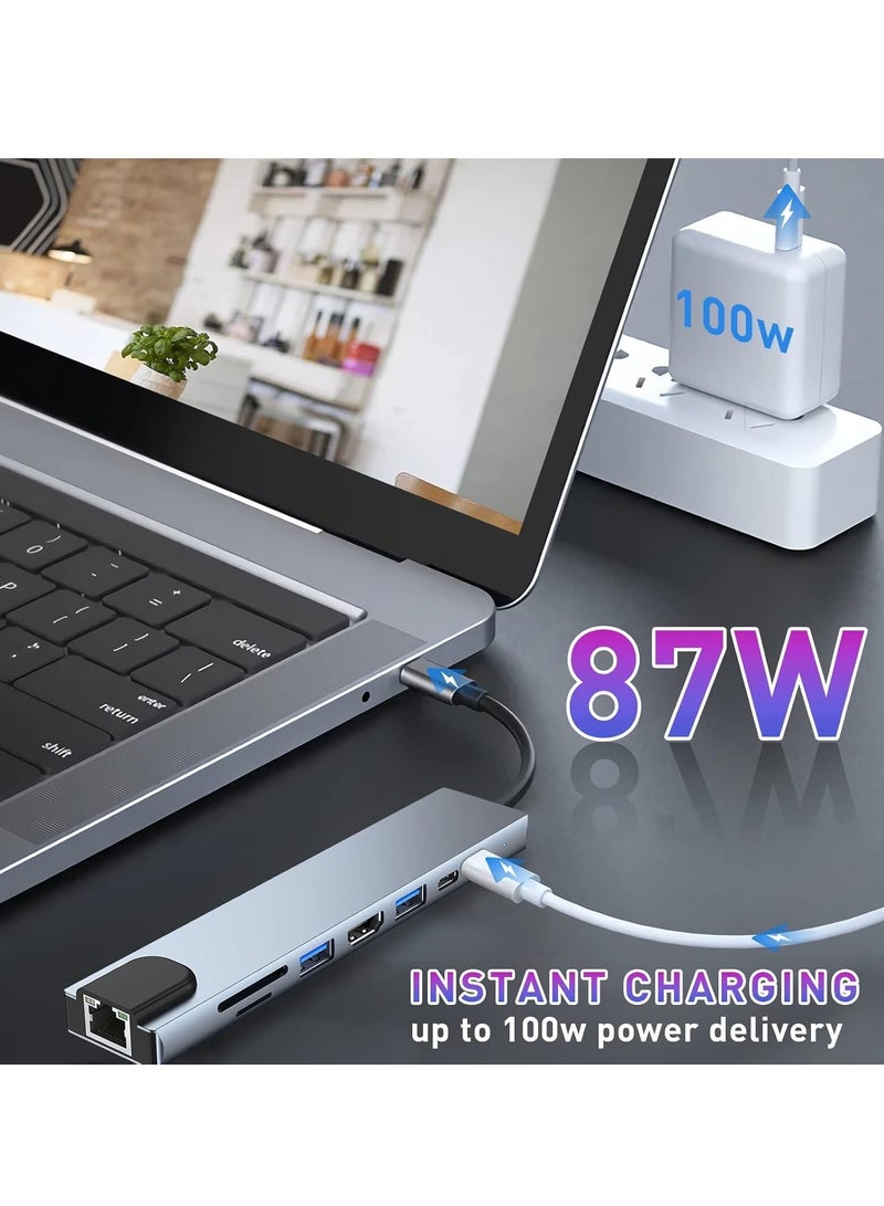 ELTRAZONE محطة إرساء USB C Hub 8 في 1 مع HDMI 4K، شحن PD 100W، منافذ USB 3.0، إيثرنت، قارئ بطاقات SD/TF – محول متعدد المنافذ متوافق مع MacBook Pro/Air، Dell، HP، Lenovo، iPad Pro، والمزيد - Image 4