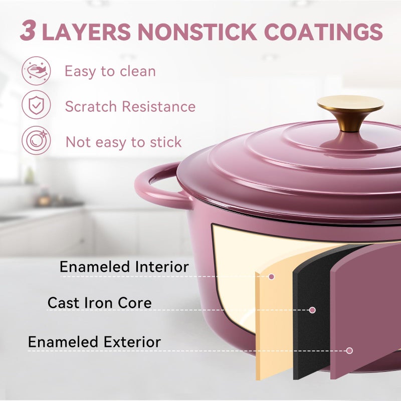 Miereirl 6 Quart Enameled Dutch Oven Pot with Lid, Cast Iron Dutch Oven with Dual Handles for Bread Baking, Cooking, Non-stick Enamel Coated Cookware, Rose - Image 5