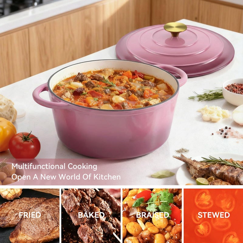 Miereirl 6 Quart Enameled Dutch Oven Pot with Lid, Cast Iron Dutch Oven with Dual Handles for Bread Baking, Cooking, Non-stick Enamel Coated Cookware, Rose - Image 4