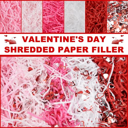 Qumenan Valentine Shredded Paper Filler 11.5 oz (330g) Raffia Paper with Red & Silver Heart Confetti, 5-Color Gift Basket & Box Filler for Valentine’s Day Wrapping & Party Decor - Image 2