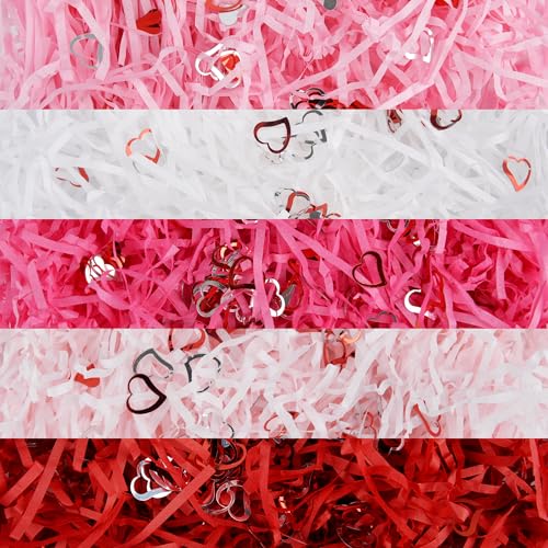 Qumenan Valentine Shredded Paper Filler 11.5 oz (330g) Raffia Paper with Red & Silver Heart Confetti, 5-Color Gift Basket & Box Filler for Valentine’s Day Wrapping & Party Decor - Image 1