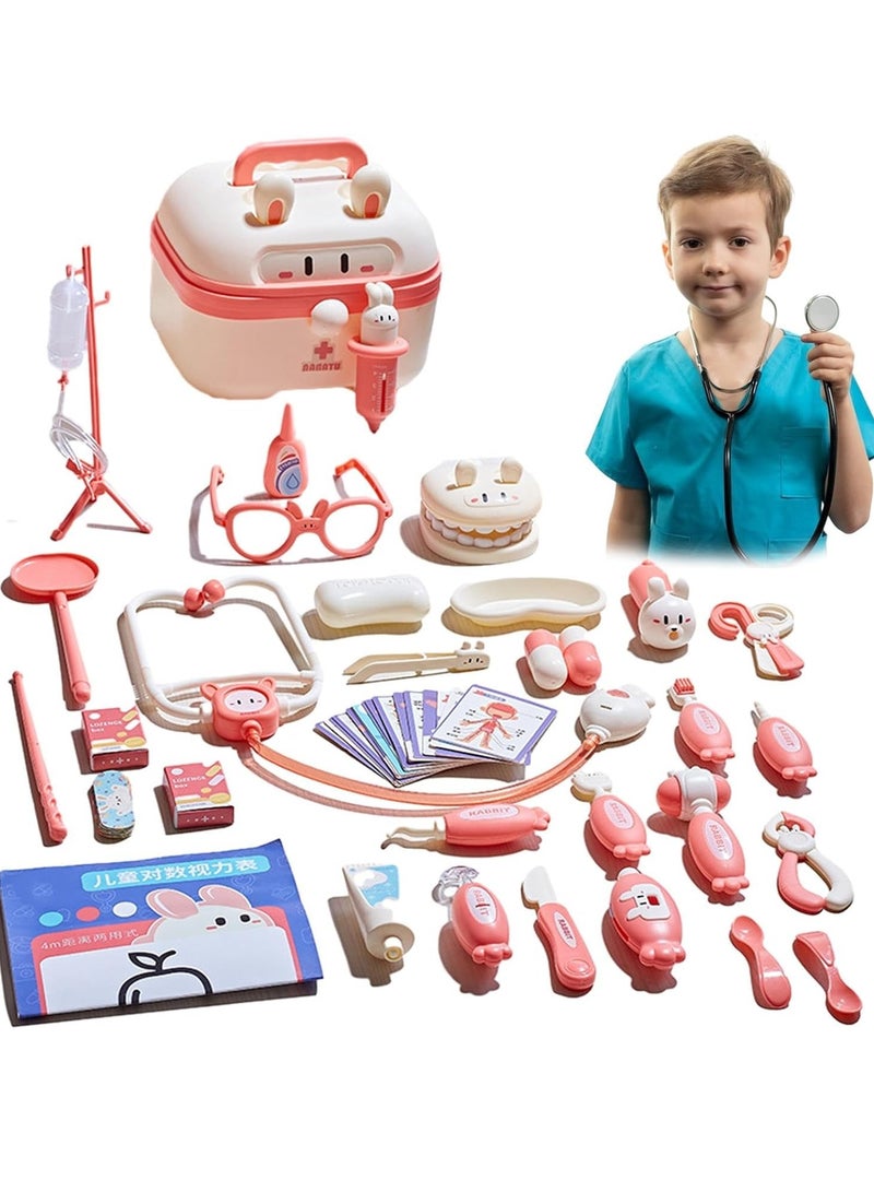 مجموعة طبيب للأطفال 34 قطعة – مجموعة تعليمية طبية تشمل سماعة الطبيب، قطرات العين، مقياس الحرارة، أدوات الأسنان، عدسة مكبرة والأدوات الطبية، صندوق تخزين – ألعاب تمثيلية للأطفال من 3 إلى 8 سنوات - Image 1