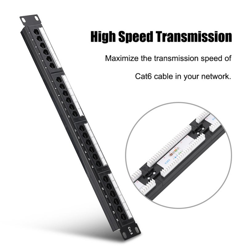 لوحة توصيل Cat6 بـ 24 منفذًا، لوحة توصيل شبكة بتركيب حامل 1U - إدارة كابلات لوحة توصيل إيثرنت عالية السرعة لرف خادم مركز البيانات ومنظم كابلات الشبكة - Image 2