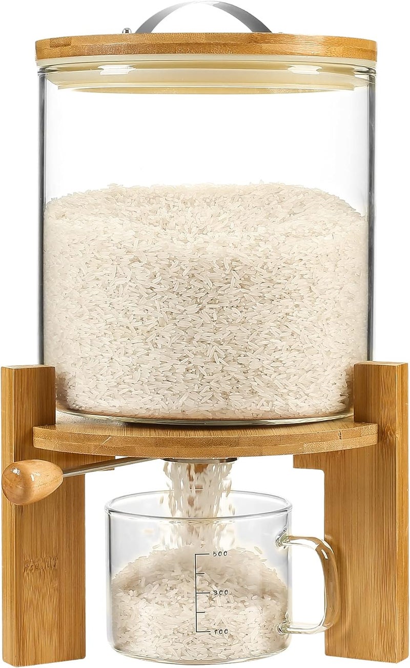 Vuinop Rice Dispenser, Rice Storage Container：Flour and Cereal Container with Airtight Lid and Wooden Stand, Glass Food Storge Container for Kitchen Organization and Pantry Store (5L) - Image 1