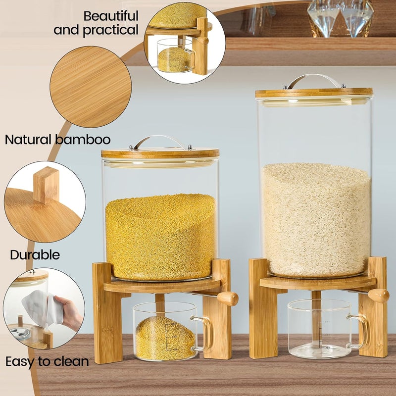 Vuinop Rice Dispenser, Rice Storage Container：Flour and Cereal Container with Airtight Lid and Wooden Stand, Glass Food Storge Container for Kitchen Organization and Pantry Store (5L) - Image 2
