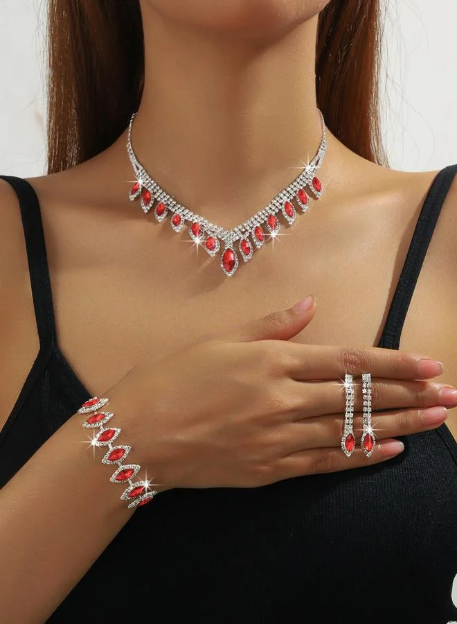 تايك تو طقم قلادة وأقراط وسوار كريستال أحمر