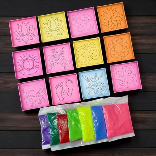 Evisha 12 Square(3 * 3) Small Size Jali Rangoli Making Stencils Tools and 3 Rangoli Colour Packets for Diwali Navratri Ganesh Chaturthi Festival Event Floor Decoration Home Decor - Image 3