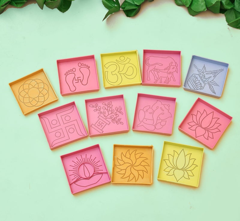 Evisha 12 Square(3 * 3) Small Size Jali Rangoli Making Stencils Tools and 3 Rangoli Colour Packets for Diwali Navratri Ganesh Chaturthi Festival Event Floor Decoration Home Decor - Image 5