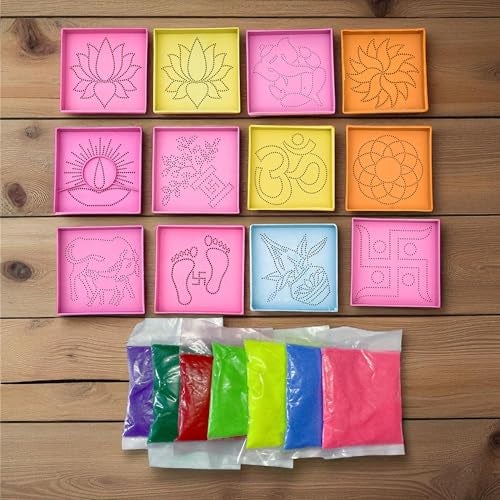 Evisha 12 Square(3 * 3) Small Size Jali Rangoli Making Stencils Tools and 3 Rangoli Colour Packets for Diwali Navratri Ganesh Chaturthi Festival Event Floor Decoration Home Decor - Image 1