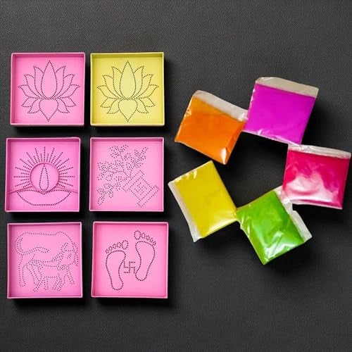 Evisha 12 Square(3 * 3) Small Size Jali Rangoli Making Stencils Tools and 3 Rangoli Colour Packets for Diwali Navratri Ganesh Chaturthi Festival Event Floor Decoration Home Decor - Image 2