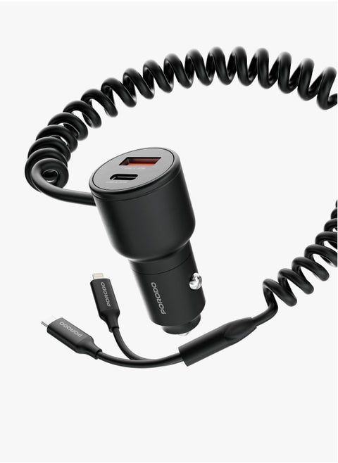 Dual Port USB-A and USB-C Car Charger with Integrated Type-C and Lightning Cable 30W / 1.5M Spring Coiled Cable / Simultaneous Charging - Black