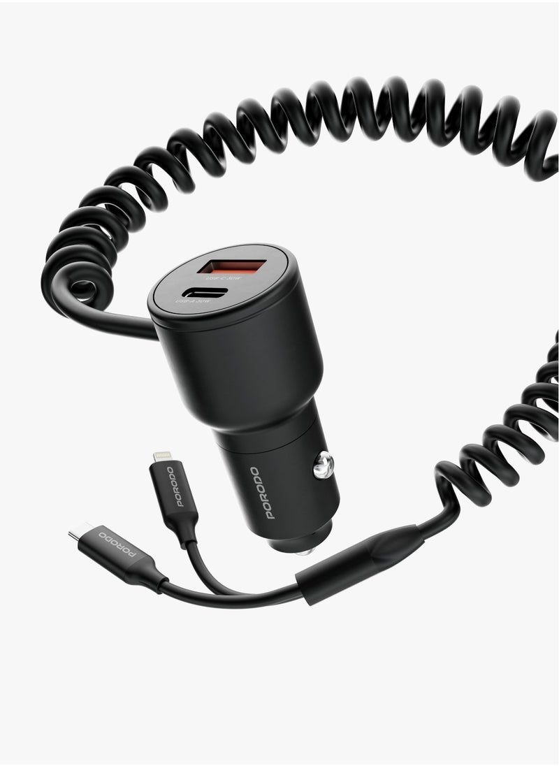 porodo - Dual Port USB-A and USB-C Car Charger with Integrated Type-C and Lightning Cable 30W / 1.5M Spring Coiled Cable / Simultaneous Charging - Black - Image 1