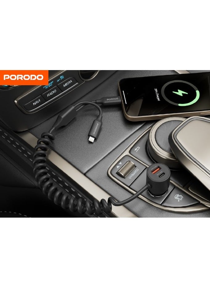 porodo - Dual Port USB-A and USB-C Car Charger with Integrated Type-C and Lightning Cable 30W / 1.5M Spring Coiled Cable / Simultaneous Charging - Black - Image 1