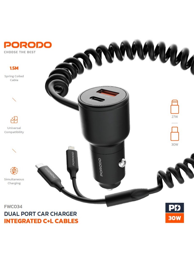 porodo - Dual Port USB-A and USB-C Car Charger with Integrated Type-C and Lightning Cable 30W / 1.5M Spring Coiled Cable / Simultaneous Charging - Black - Image 1
