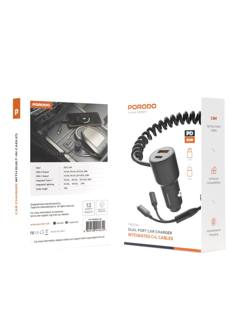 porodo - Dual Port USB-A and USB-C Car Charger with Integrated Type-C and Lightning Cable 30W / 1.5M Spring Coiled Cable / Simultaneous Charging - Black - Image 1