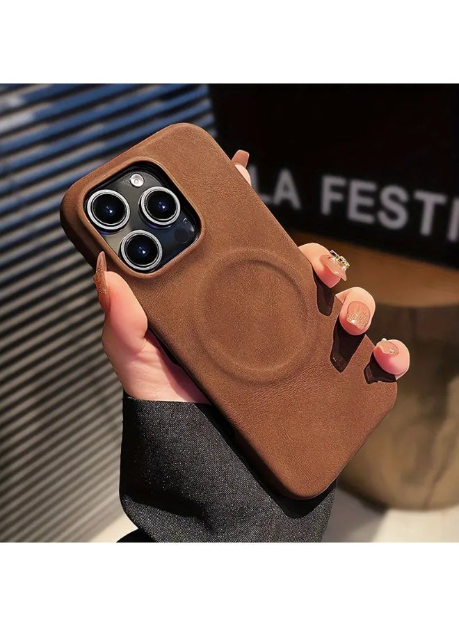 Temu Luxury PU Leather Plain Phone Case with MagSafe Wireless Charging for iPhone 16 Pro Max Protective Covers