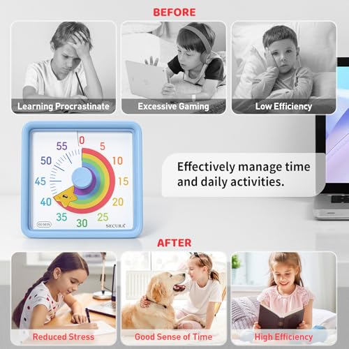 Secura 60-Minute Visual Timer for Kids, Time Clocks, Countdown Timer for Office Kitchen, Classroom Timer for Kids, Silent Time Management Tool (Blue & Star) - Image 4