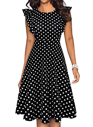 YATHON Women's Vintage Ruffle Floral Flared A Line Swing Casual Cocktail Party Dresses (M, YT001-Black Dot) - Image 1