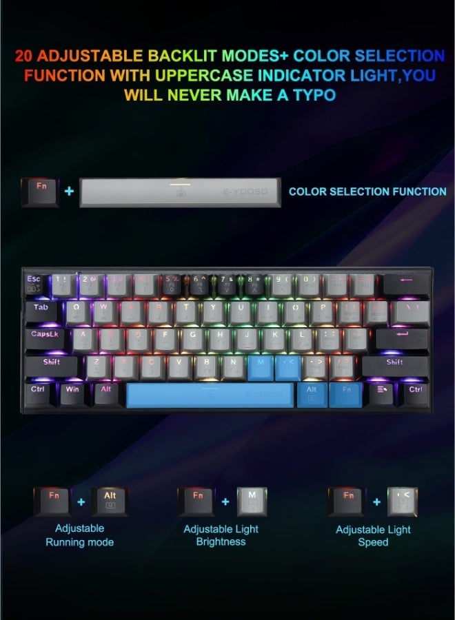 إي-يوسو Z-11 60% Wired RGB Arabic & English Mechanical Keyboard,61 Keys Compact Gaming Keyboard with Linear Silver Switches for Windows, Mac PS(Grey Black) - Image 4