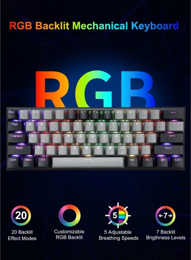 إي-يوسو Z-11 60% Wired RGB Arabic & English Mechanical Keyboard,61 Keys Compact Gaming Keyboard with Linear Silver Switches for Windows, Mac PS(Grey Black) - Image 2