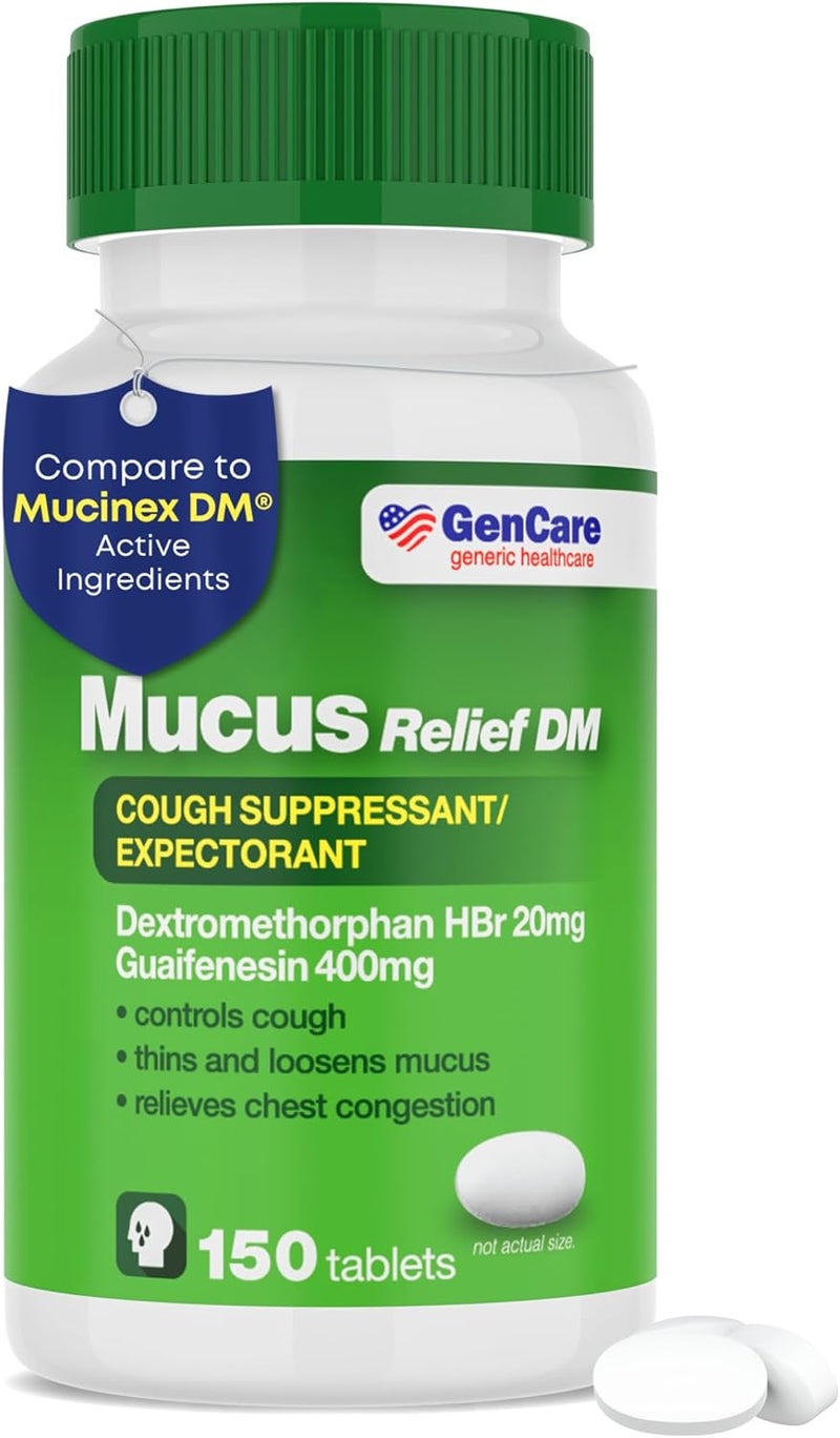 GenCare Mucus Relief DM 150 Count Value Bottle Dextromethorphan HBr 20mg Guaifenesin 400mg Generic Mucus Relief DM Immediate Release Uncoated Cough Mucus Expectorant Pill - Image 1