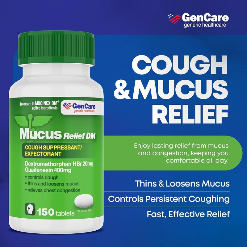 GenCare Mucus Relief DM 150 Count Value Bottle Dextromethorphan HBr 20mg Guaifenesin 400mg Generic Mucus Relief DM Immediate Release Uncoated Cough Mucus Expectorant Pill - Image 2