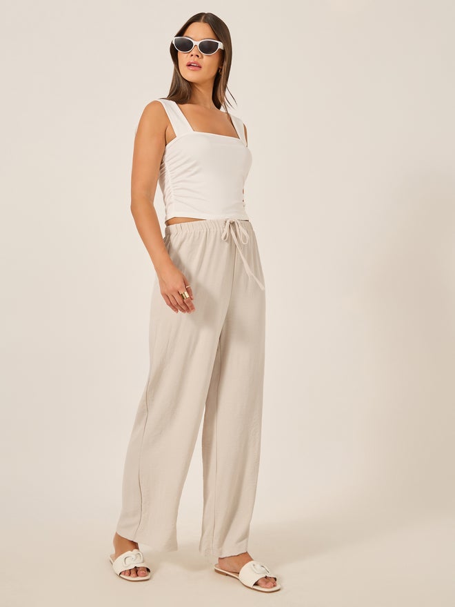 Styli Textured Drawstring Waist Wide Leg Pants - Image 1