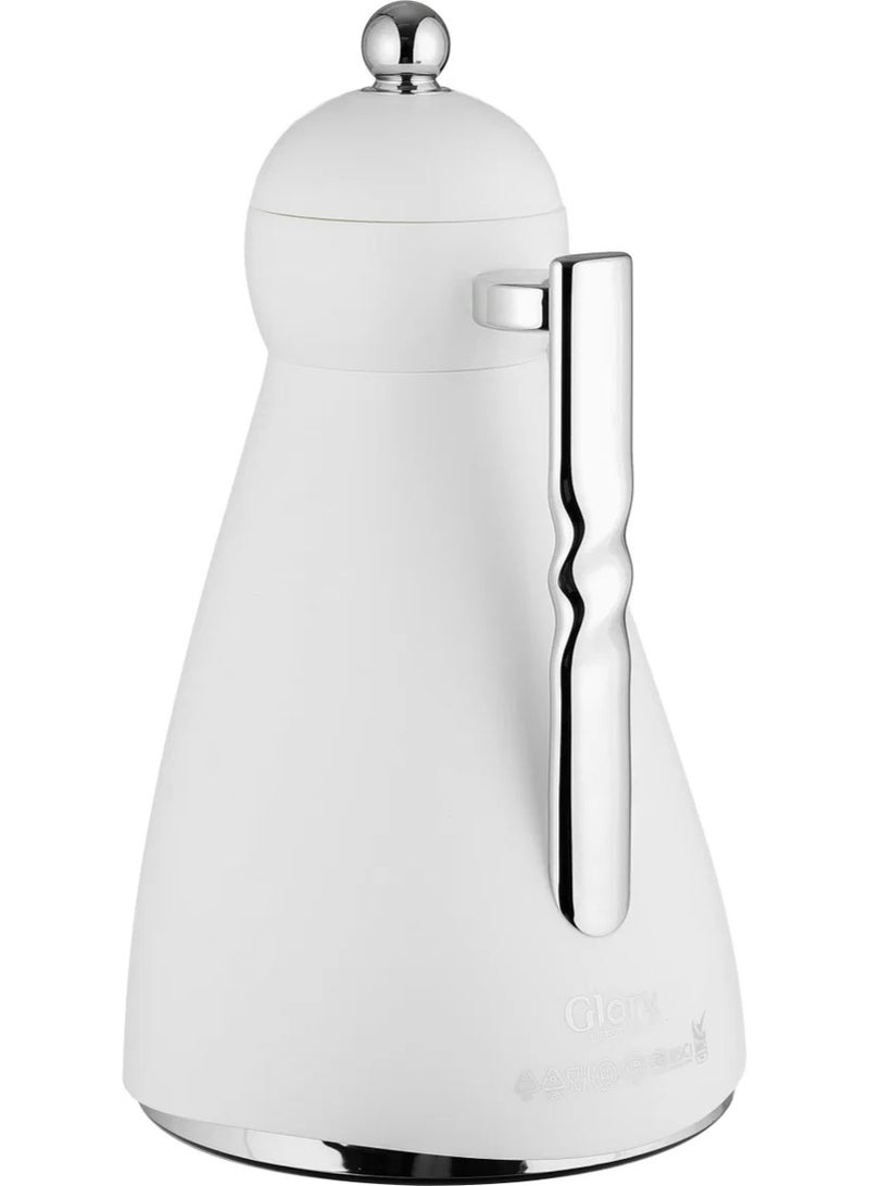 Glory Thermos, 1 Liter, Glass Inner Container, Push Button, Silver Handle - White - Image 2