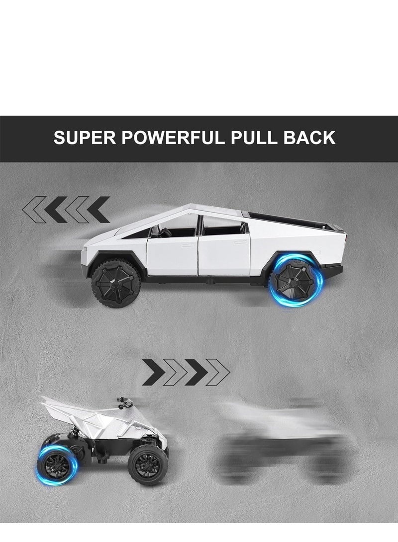 Tesla 3-in-1 Tesla Pickup Sets with RV and Motorcycle，Cyber Truck Pickup Toy with Sounds and Lights, 1/32 Diecast Truck for Kids 3 Year Old and Up, Christmas Birthday Gifts for Boys Girls (Silver) - Image 4