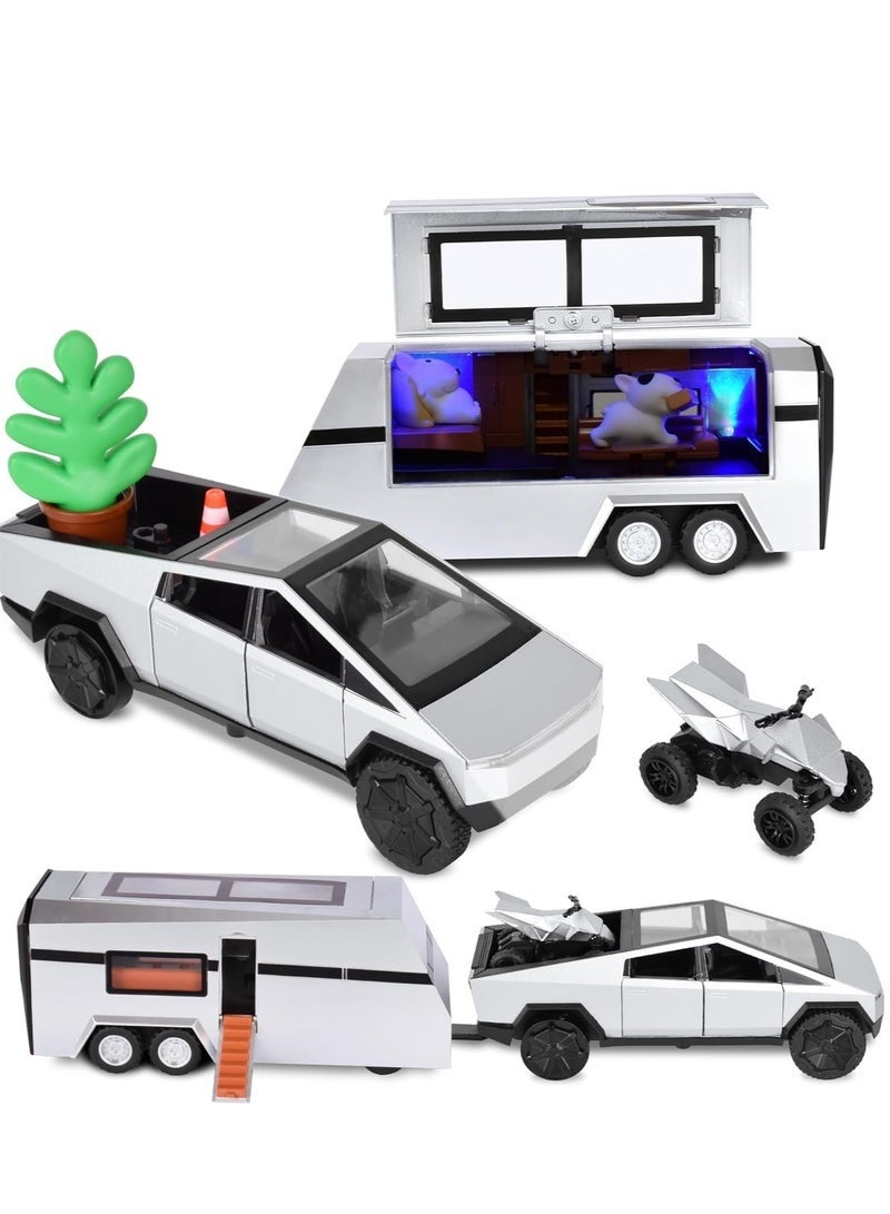 Tesla 3-in-1 Tesla Pickup Sets with RV and Motorcycle，Cyber Truck Pickup Toy with Sounds and Lights, 1/32 Diecast Truck for Kids 3 Year Old and Up, Christmas Birthday Gifts for Boys Girls (Silver) - Image 3