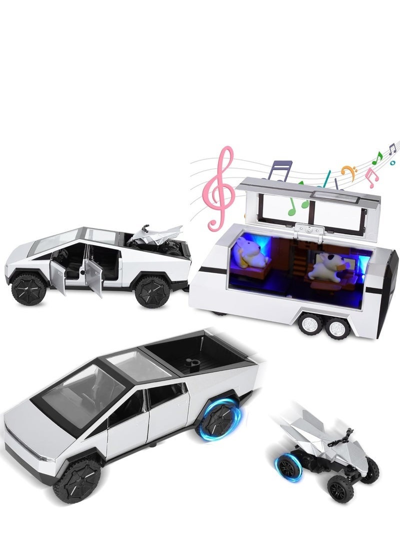 Tesla 3-in-1 Tesla Pickup Sets with RV and Motorcycle，Cyber Truck Pickup Toy with Sounds and Lights, 1/32 Diecast Truck for Kids 3 Year Old and Up, Christmas Birthday Gifts for Boys Girls (Silver) - Image 1