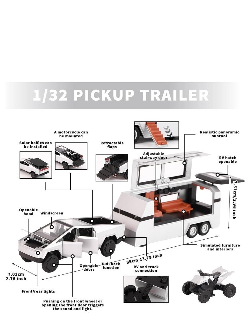 Tesla 3-in-1 Tesla Pickup Sets with RV and Motorcycle，Cyber Truck Pickup Toy with Sounds and Lights, 1/32 Diecast Truck for Kids 3 Year Old and Up, Christmas Birthday Gifts for Boys Girls (Silver) - Image 2