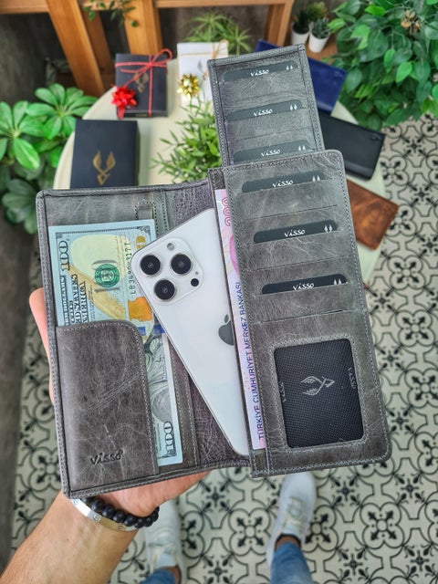 901 Leather Handbag Wallet with Phone Compartment - Zippered - Men's and Women's Model with Removable Card Holder Feature