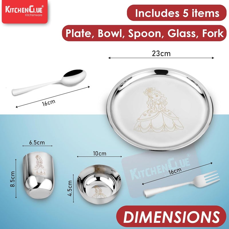 KITCHEN CLUE 304 Stainless Steel Dinner Set for Kids – Set of 5 Pcs, Mirror Finish, 24cm Dia Dinner Plate | BIS Approved, Child Thali Set with Spoon, Fork, Glass & Bowl | Princess Laser Design - Image 3