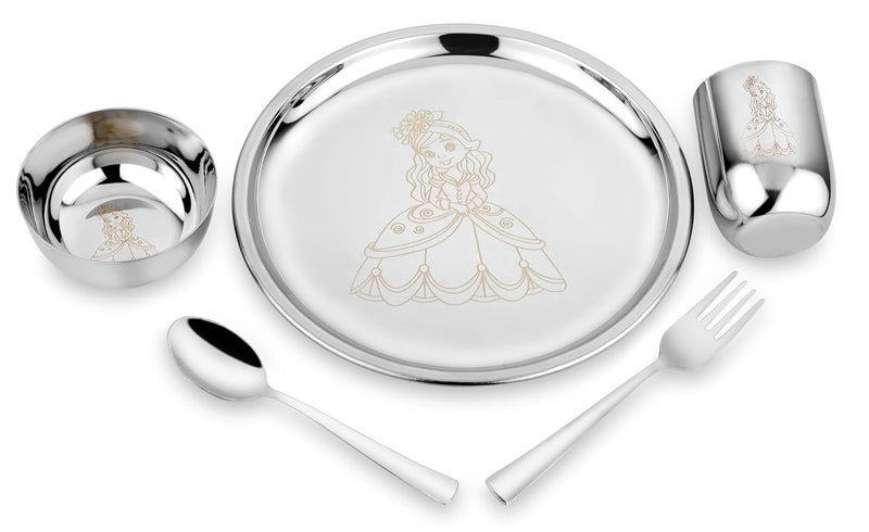 KITCHEN CLUE 304 Stainless Steel Dinner Set for Kids – Set of 5 Pcs, Mirror Finish, 24cm Dia Dinner Plate | BIS Approved, Child Thali Set with Spoon, Fork, Glass & Bowl | Princess Laser Design - Image 1