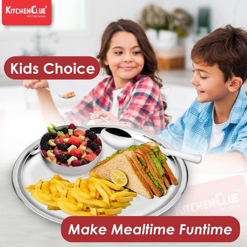 KITCHEN CLUE 304 Stainless Steel Dinner Set for Kids – Set of 5 Pcs, Mirror Finish, 24cm Dia Dinner Plate | BIS Approved, Child Thali Set with Spoon, Fork, Glass & Bowl | Princess Laser Design - Image 4